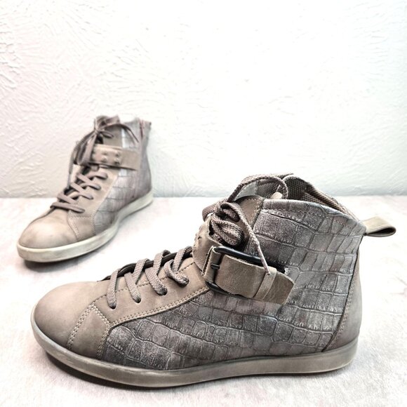 Ecco Shoes - Ecco High Top Sneakers Gray Leather Croc Embossed Casual Lace Up Sporty Shoes